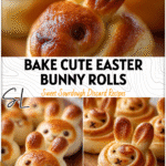 Golden brown Easter bunny-shaped sourdough cinnamon rolls on a wooden tray made with a sourdough bread starter.